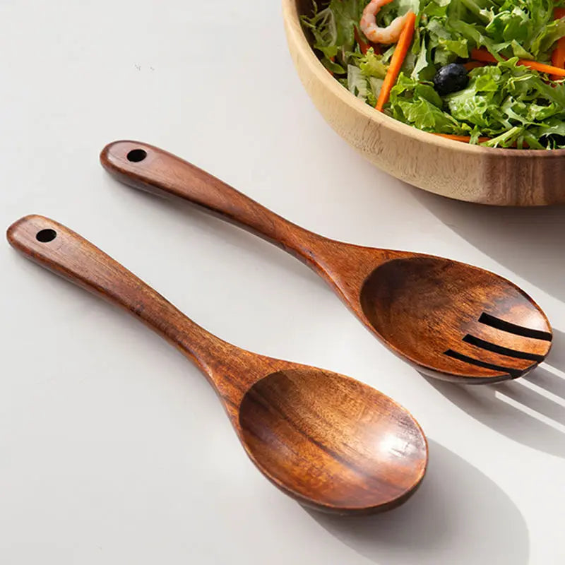 Wooden Large Spoon Fork Cutlery Set  Japanese Style Long Handle Serving Salad Scoop Dinnerware Set Tableware Kitchen Utensil