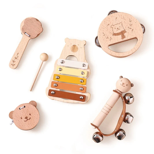 Kids Musical Instrument Toys Montessori Baby Wooden Cartoon Bear Percussion Toy Game Interactive Music Educational Toy Baby Gift