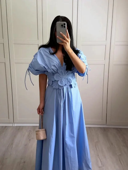 Women Chic Blue Flower Pleated Lace Up Long Dresses Women V-neck Sleeveless A-line Maxi Dress 2024 Ladies Holiday Banquet Robe