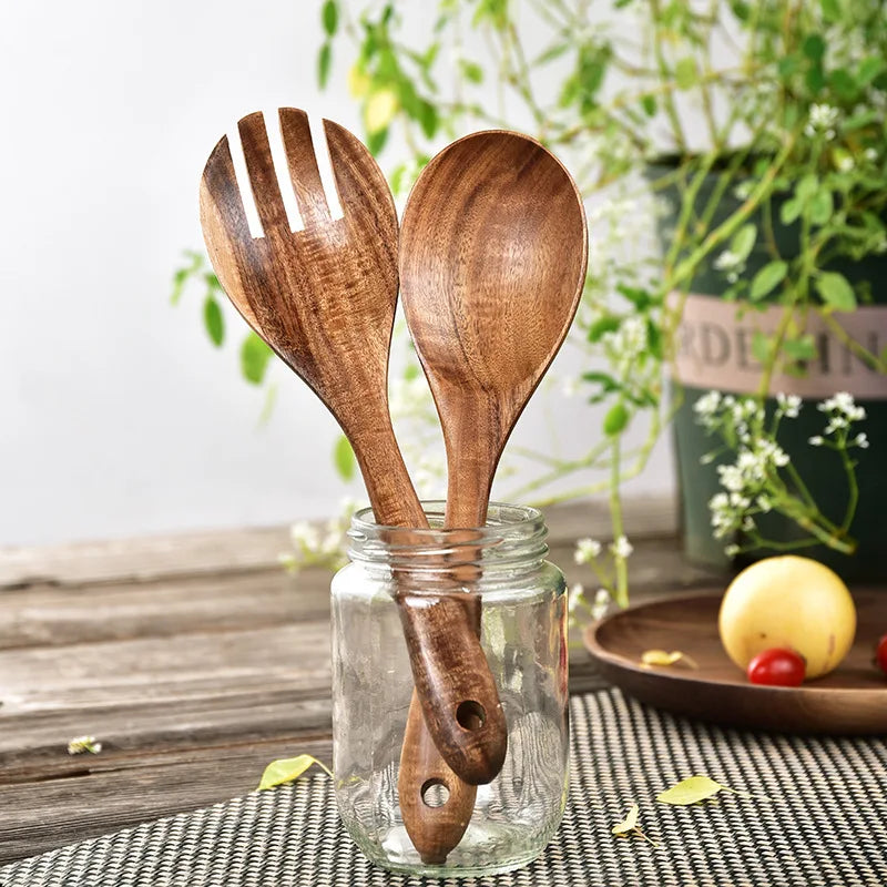 Wooden Large Spoon Fork Cutlery Set  Japanese Style Long Handle Serving Salad Scoop Dinnerware Set Tableware Kitchen Utensil