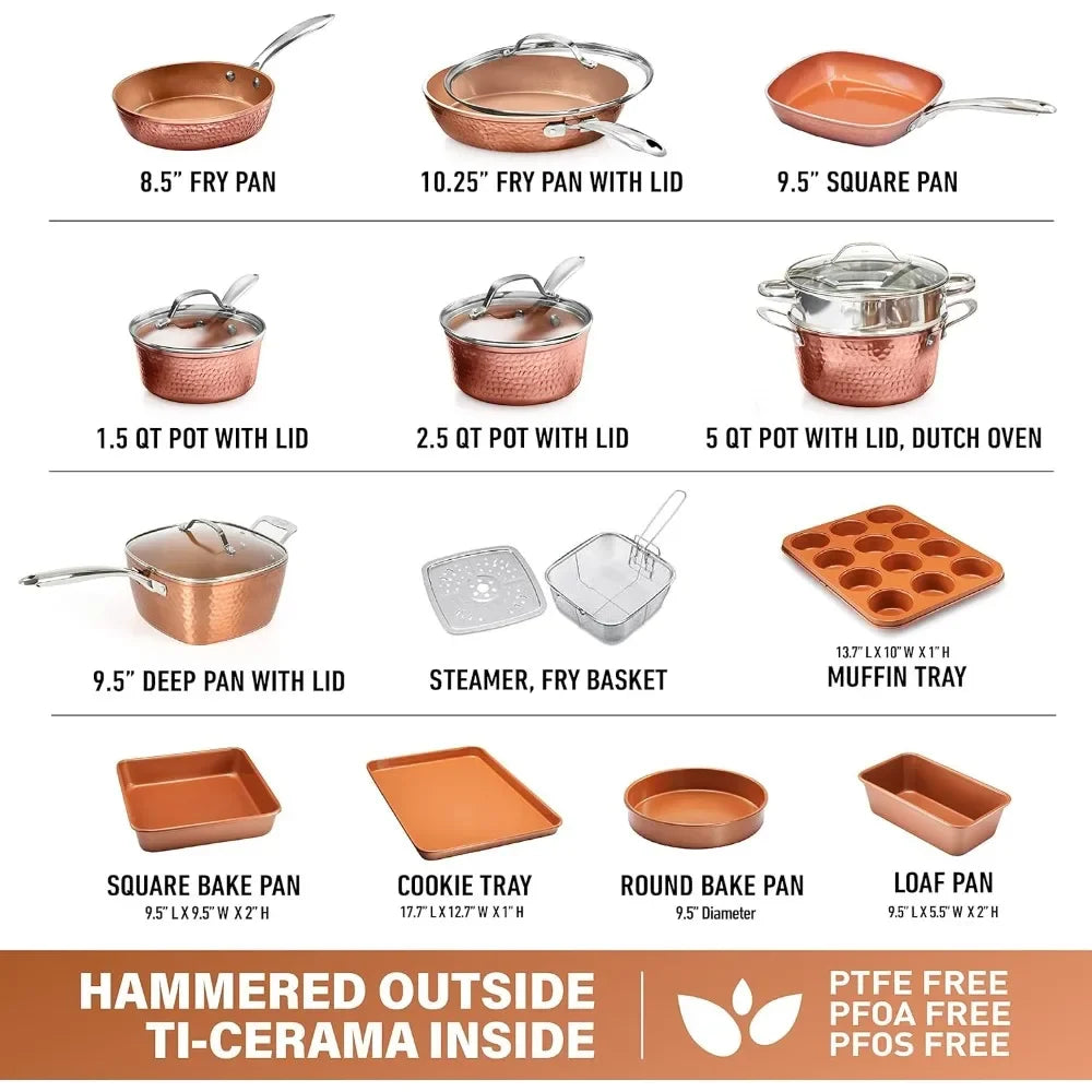 Nonstick Ceramic Cookware + Bakeware Set for Kitchen ,Hammered Copper Collection – 20 Piece Premium Pots and Pans Set
