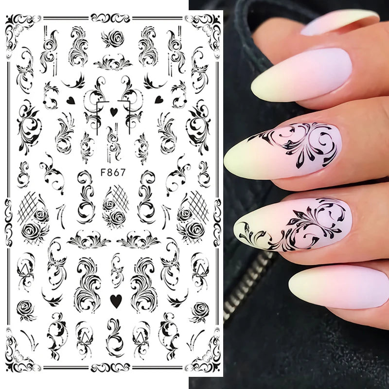 1PCS Black Flowers Leaves 3D Nail Stickers Nail Decoration Butterfly Snake Stickers Nail Decoration Decals Nail Parts