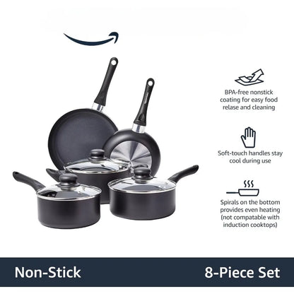 Basics Non-Stick Cookware 8-Piece Set, Pots and Pans, Black