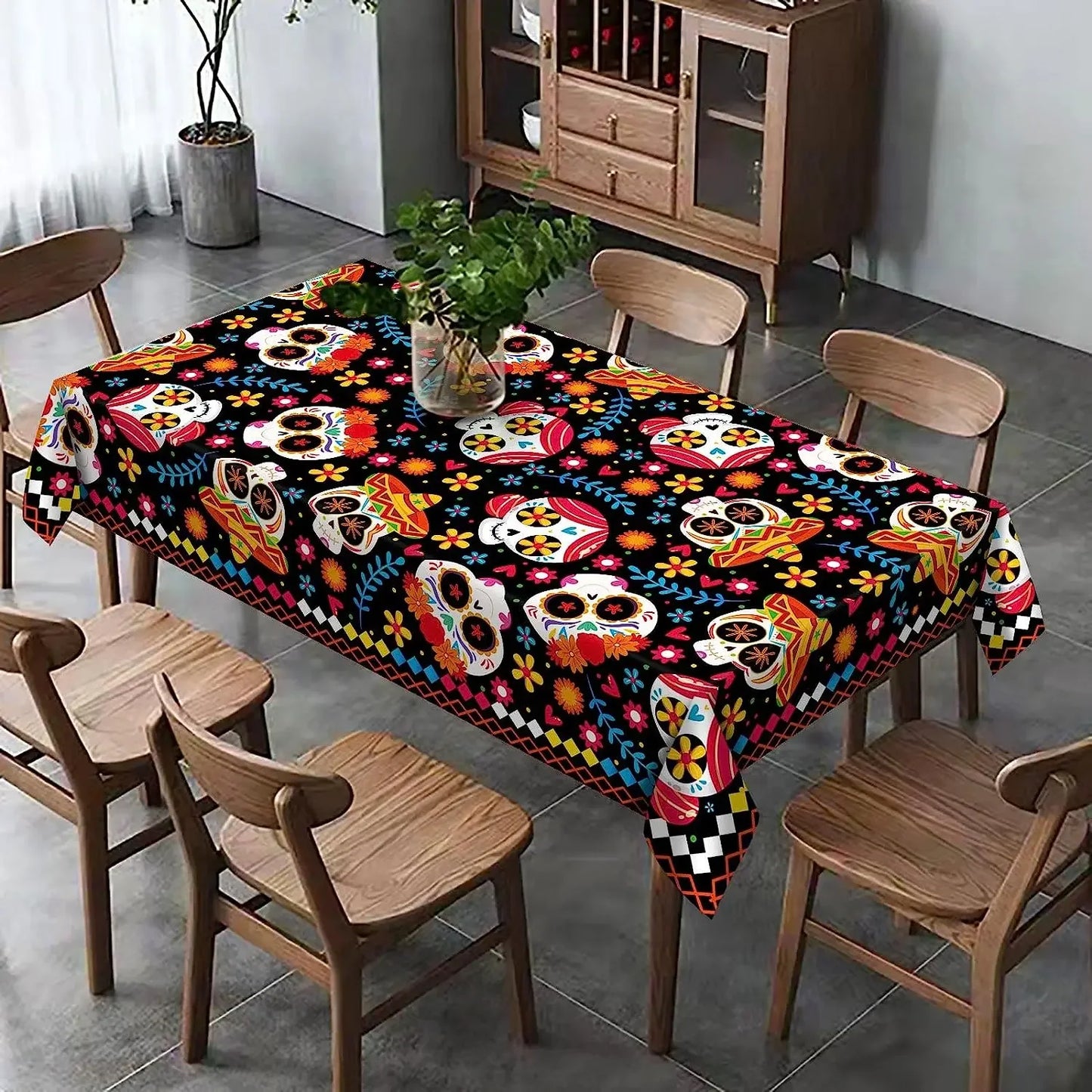 Day of The Dead Rectangle Tablecloth Sugar Skull Halloween Decor Mexican Fiesta Dia DE Los Muertos Waterproof Tablecloth Decor