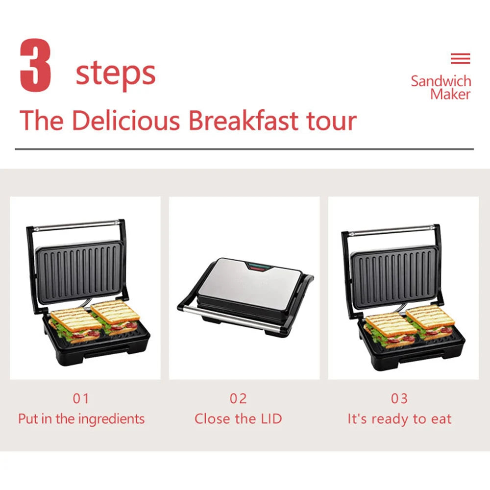 Electric Waffle Sandwich Maker 750W Small Roast Steak Machine Hamburger Non-stick Surface Grill Toaster Breakfast Machine