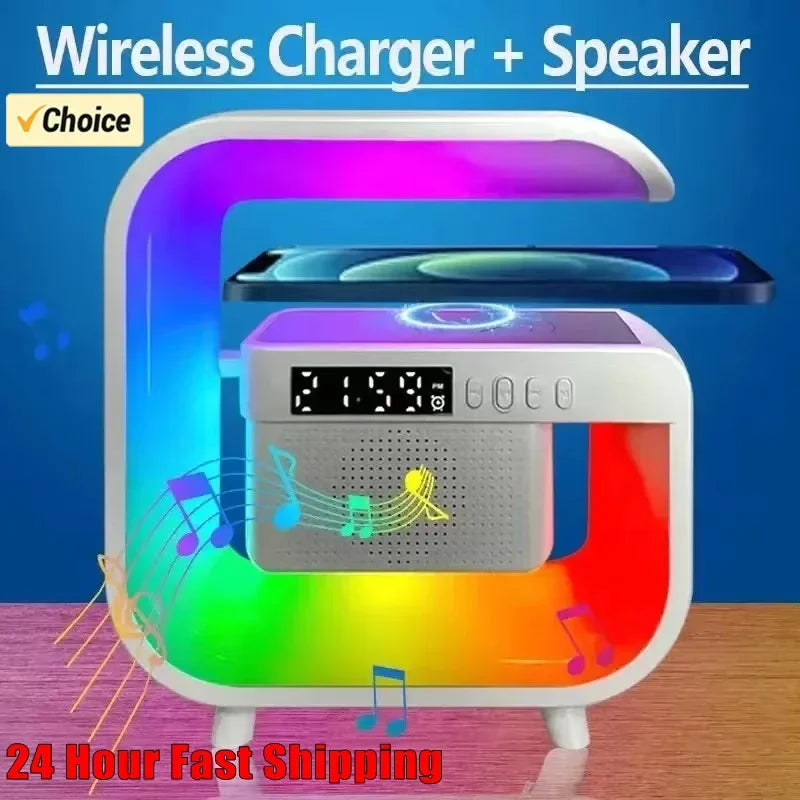 Multifunction 3 In 1 Wireless Charger Pad Stand Speaker RGB Night Light Fast Charging Station For iPhone Samsung Xiaomi Huawei