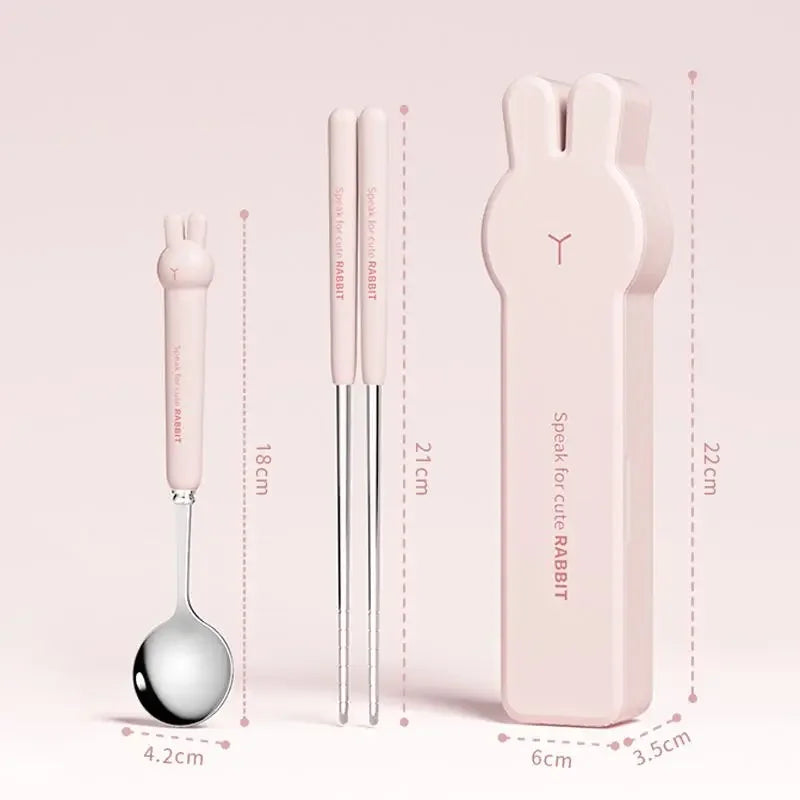 Cute Rabbit 304 Stainless Steel Tableware Spoon Fork Chopsticks Cartoon Student Children Good Gift Cutlery Set