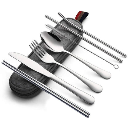 Tableware Reusable Travel Cutlery Set Camp Utensils  with Stainless Steel Spoon Fork Chopsticks Straw Portable Case