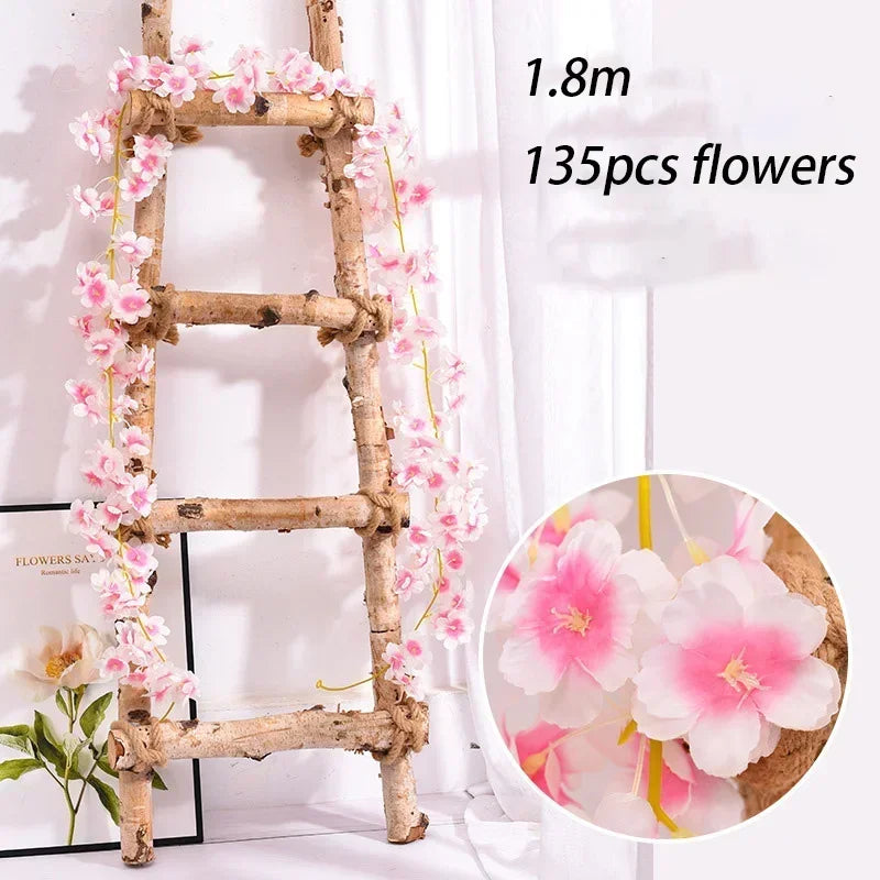 Artificial Flowers Cherry Blossoms Vines Silk Flowers Sakura Rattan Christmas Ornament Hanging Garland Wedding Home Decoration