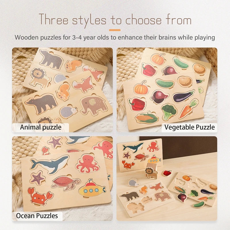 Children Wooden 3D Puzzles Toys Animals Vwgetable Colorful Puzzles Matching Toys For Baby Training Cognitive Montessori Toy Kids