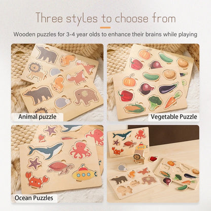 Children Wooden 3D Puzzles Toys Animals Vwgetable Colorful Puzzles Matching Toys For Baby Training Cognitive Montessori Toy Kids