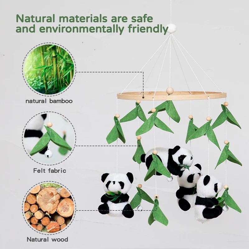 Baby Crib Bed Bell Musical Box Wooden Bed Bell Bracket Soft Felt Panda Ball Mobile Crib Infant Toys Kids Bedding Hanging Toys