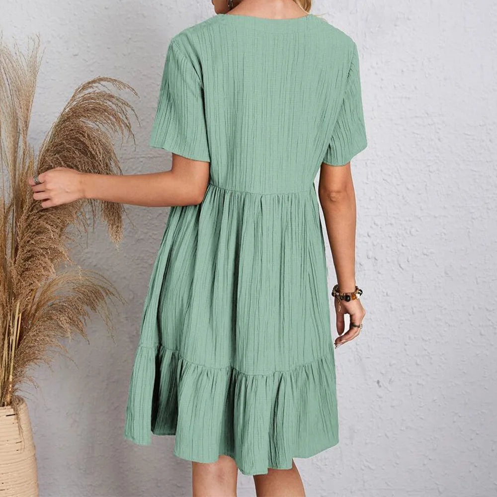 Pleated Ruffle V-Neck Mini Dress