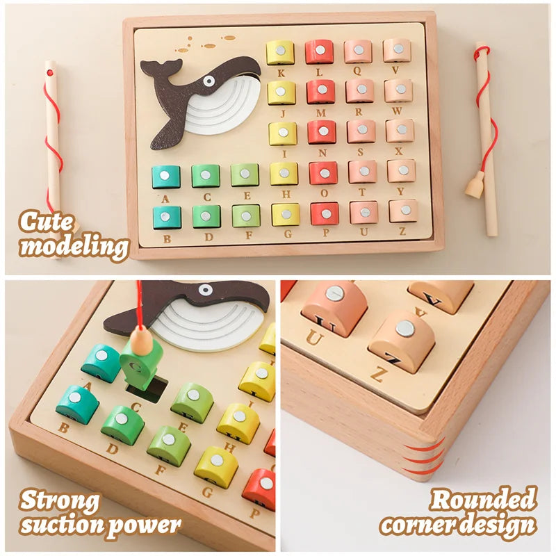 Kids Solid Wood Magnetic Suction Fishing Toy Cartoon Marine Life Cognition Toys Montessori Early Education Interaction Game Gift