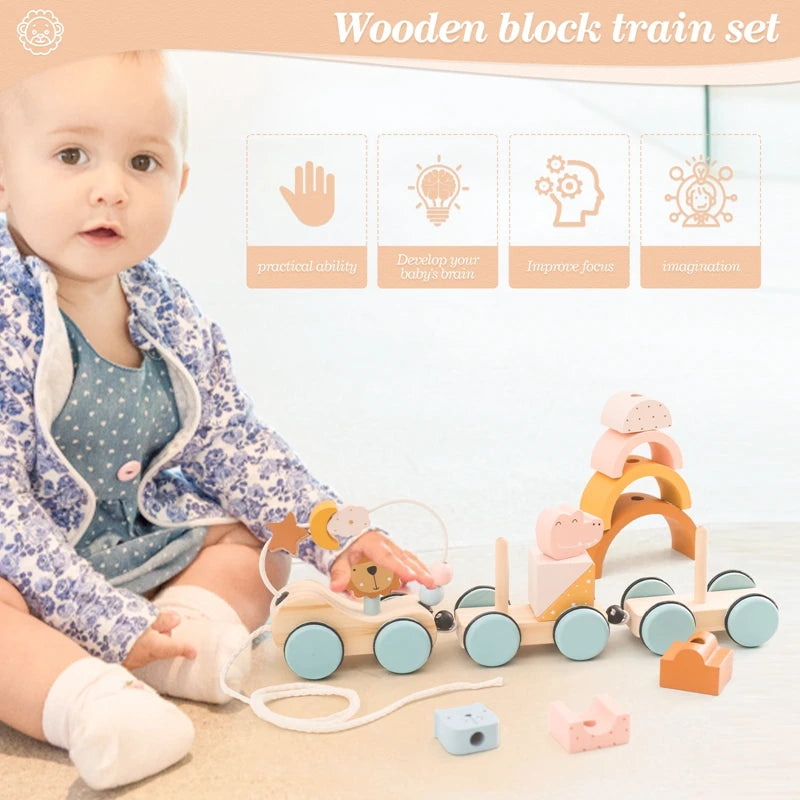 Baby Montessori Wooden Animal Zoo Train Thread Toys Wooden Blocks Trolley Infant Learning Educational Toy Children Stacking Toys