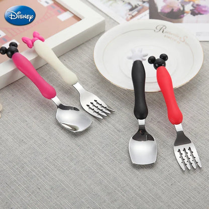 Disney Mickey Minnie Mouse Spoon Fork Tableware Cartoon Kids Dessert Spoon Fruit Fork Cutlery Set Children Food Picks Rice Spoon