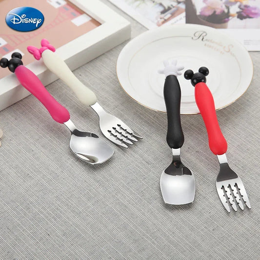 Disney Mickey Minnie Mouse Spoon Fork Tableware Cartoon Kids Dessert Spoon Fruit Fork Cutlery Set Children Food Picks Rice Spoon