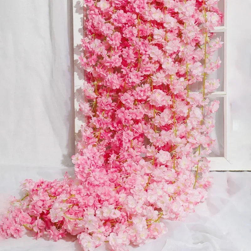 Artificial Flowers Cherry Blossoms Vines Silk Flowers Sakura Rattan Christmas Ornament Hanging Garland Wedding Home Decoration
