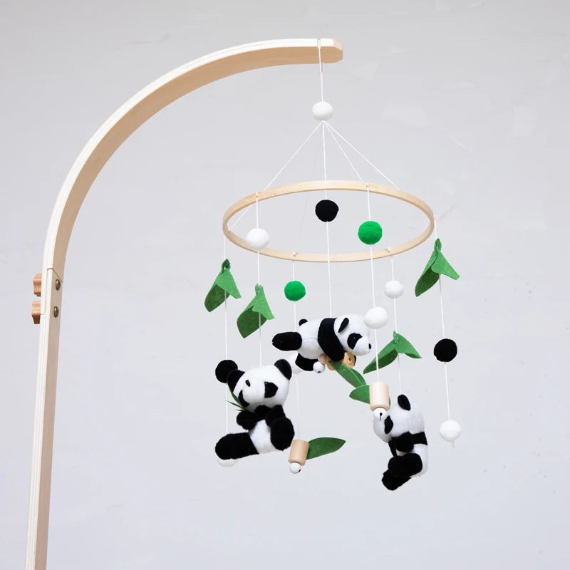 Baby Crib Bed Bell Musical Box Wooden Bed Bell Bracket Soft Felt Panda Ball Mobile Crib Infant Toys Kids Bedding Hanging Toys