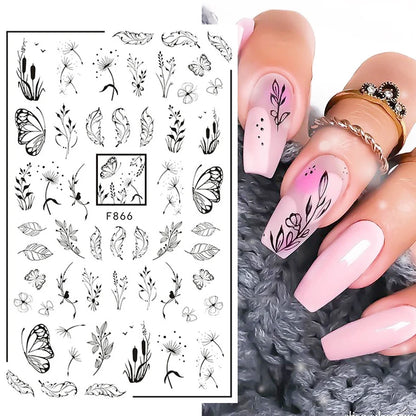 1PCS Black Flowers Leaves 3D Nail Stickers Nail Decoration Butterfly Snake Stickers Nail Decoration Decals Nail Parts