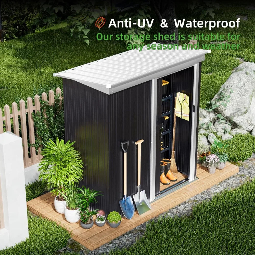 Outdoor Metal Shed 5FTx3FT, Mini Weather Resistant Tool Storage Sheds with Lockable Door, Sloped Roof Storage Shed,