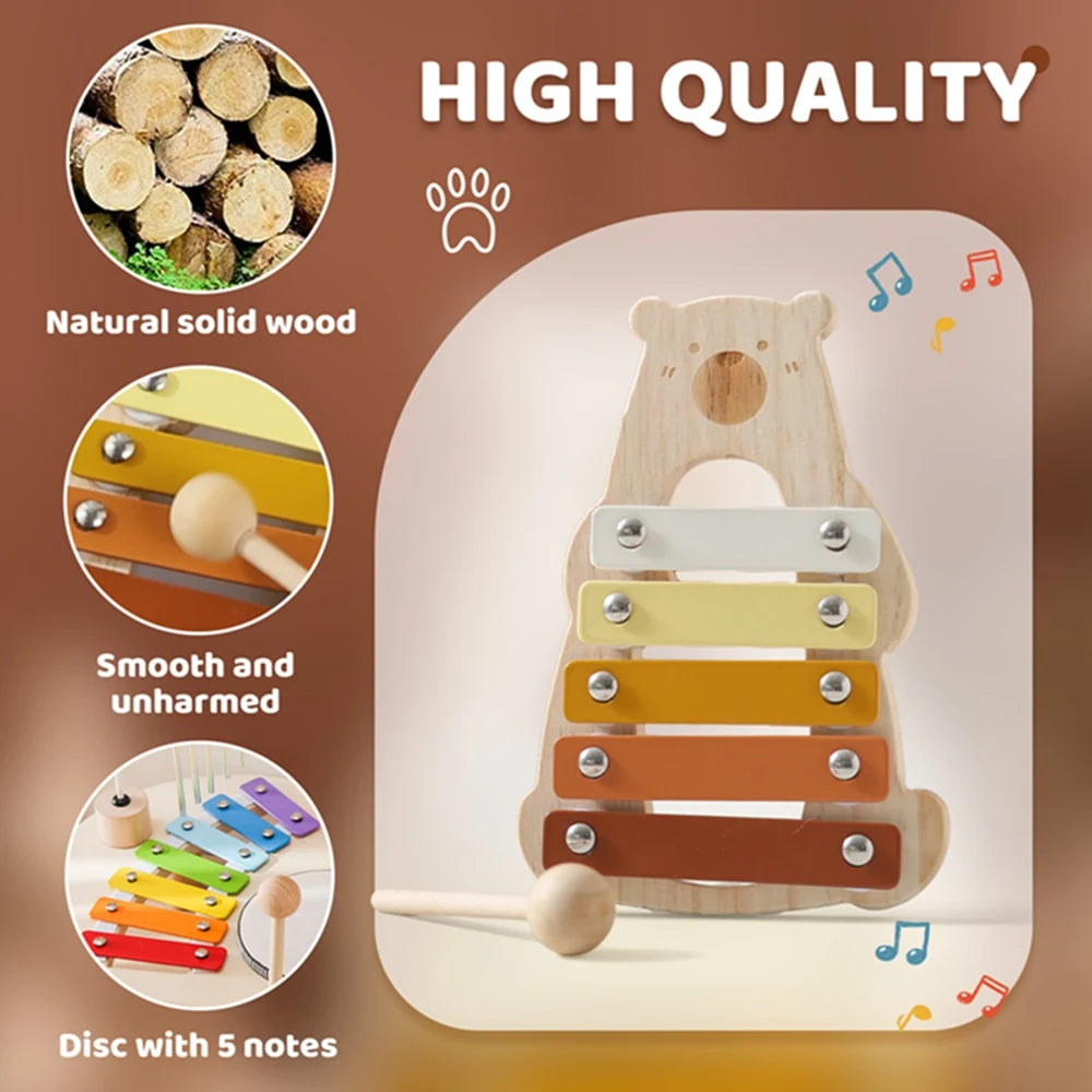 Baby Wooden Musical Instruments Toys Cartoon Bear Percussion Instruments Drum Piano Montessori Toys for Bewvorn Birthday Gifts