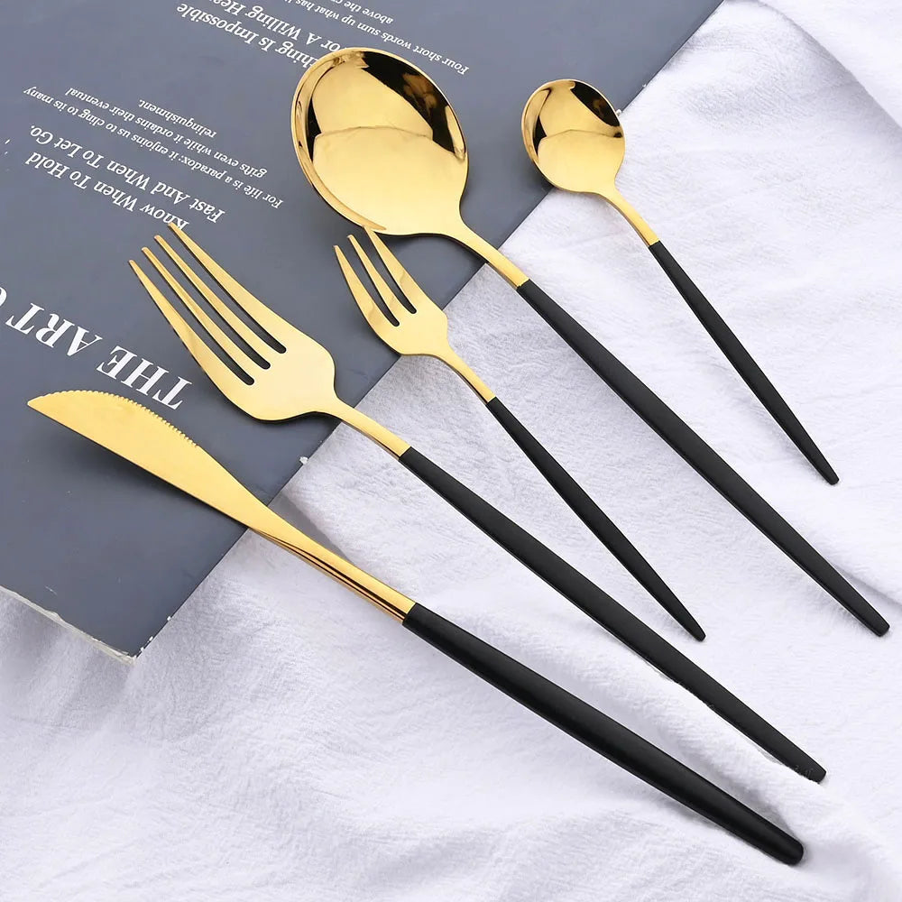 40Pcs Cutlery Set Stainless Steel Dinner Knife Fork Spoon Dinnerware Set with Teaspoons Fruit Cake Forks Kitchen Gold Tableware