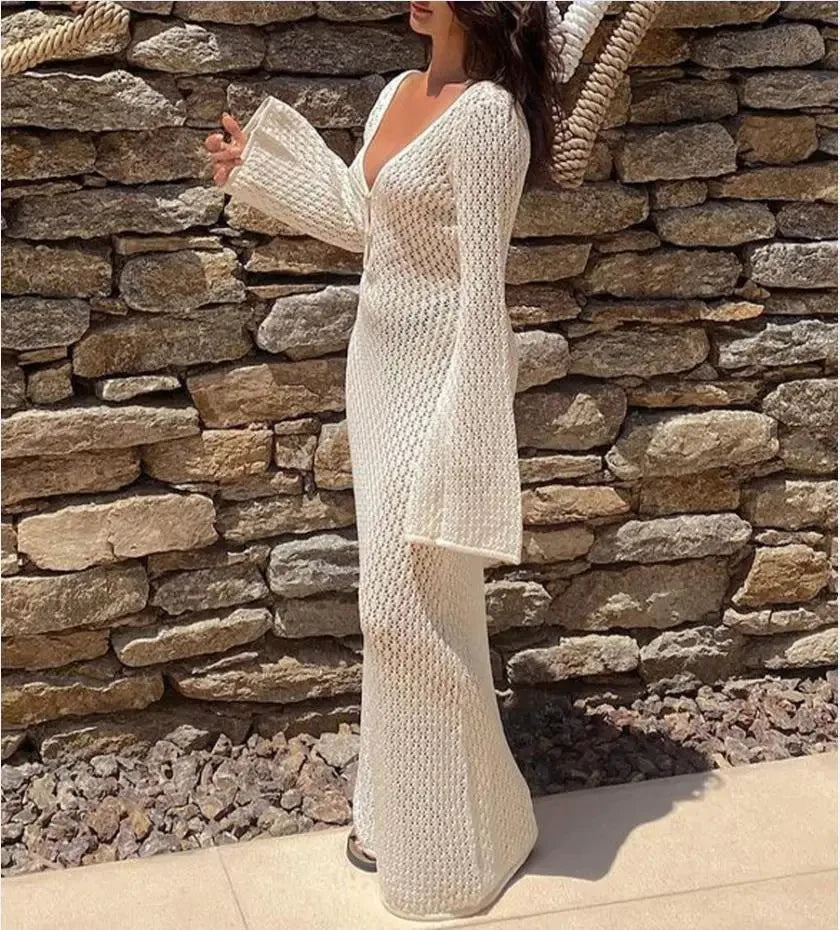 Deep V-Neck Knit Beach Dress