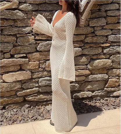 Deep V-Neck Knit Beach Dress