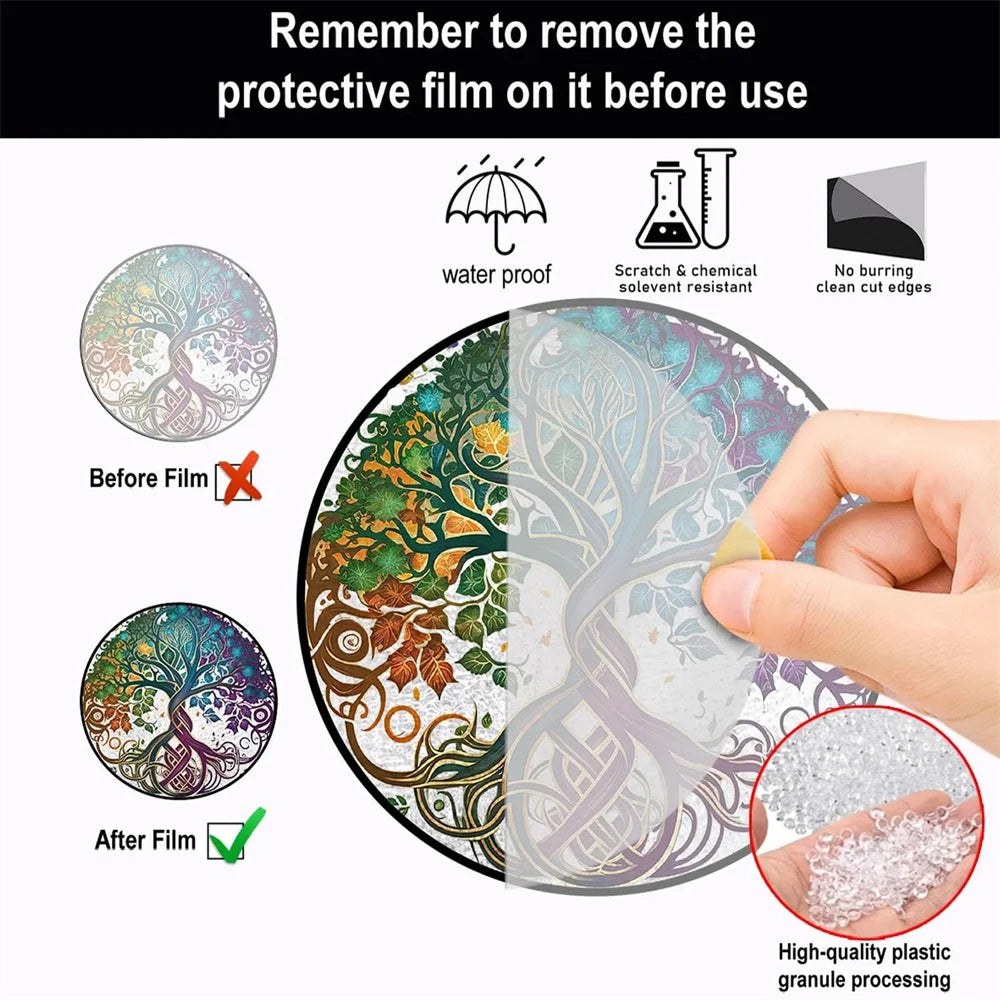 Glass Pattern Tree of Life Stained Suncatcher Four Seasons Theme Window Wall Hanging Ornament Glass Panel Decor Gift for Mom