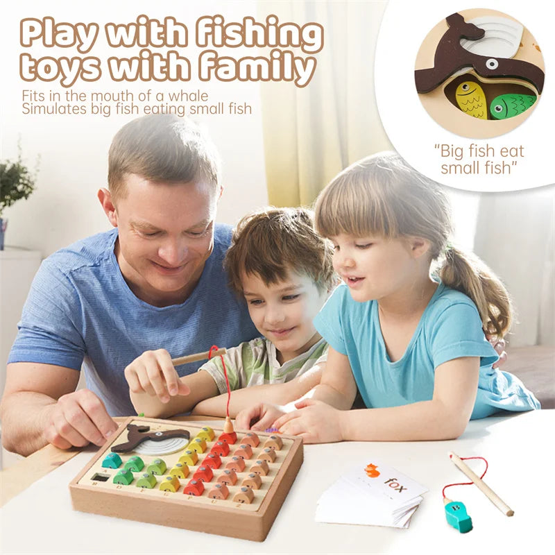 Kids Solid Wood Magnetic Suction Fishing Toy Cartoon Marine Life Cognition Toys Montessori Early Education Interaction Game Gift