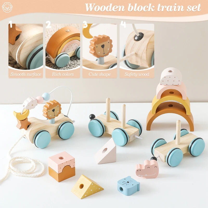 Baby Montessori Wooden Animal Zoo Train Thread Toys Wooden Blocks Trolley Infant Learning Educational Toy Children Stacking Toys