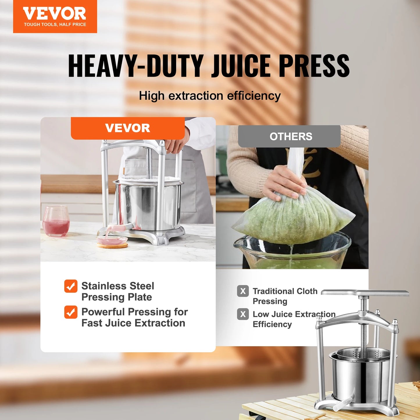 VEVOR 1.6 Gal/6L Manual Fruit Wine Press Maker Stainless Steel Household Nature Vegetables Juice Making Machine for Home Kitchen