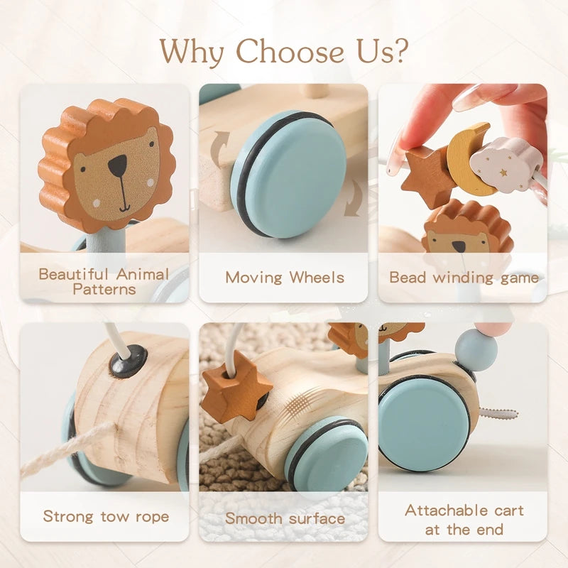 Wooden Montessori Baby Toys Animal Block Dragging Stars Moon Surround Train Hand-Eyes Coordination Stacking Toy Decoration Gifts