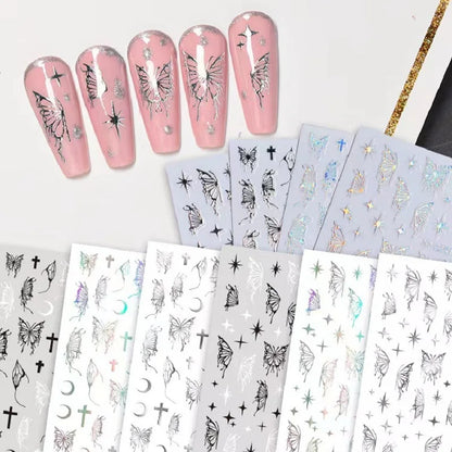 Silver Metal Butterfly 3D Nail Sticker Black White  Butterflies Star Adhesive Slider Wraps Manicure Gel Polish Decals