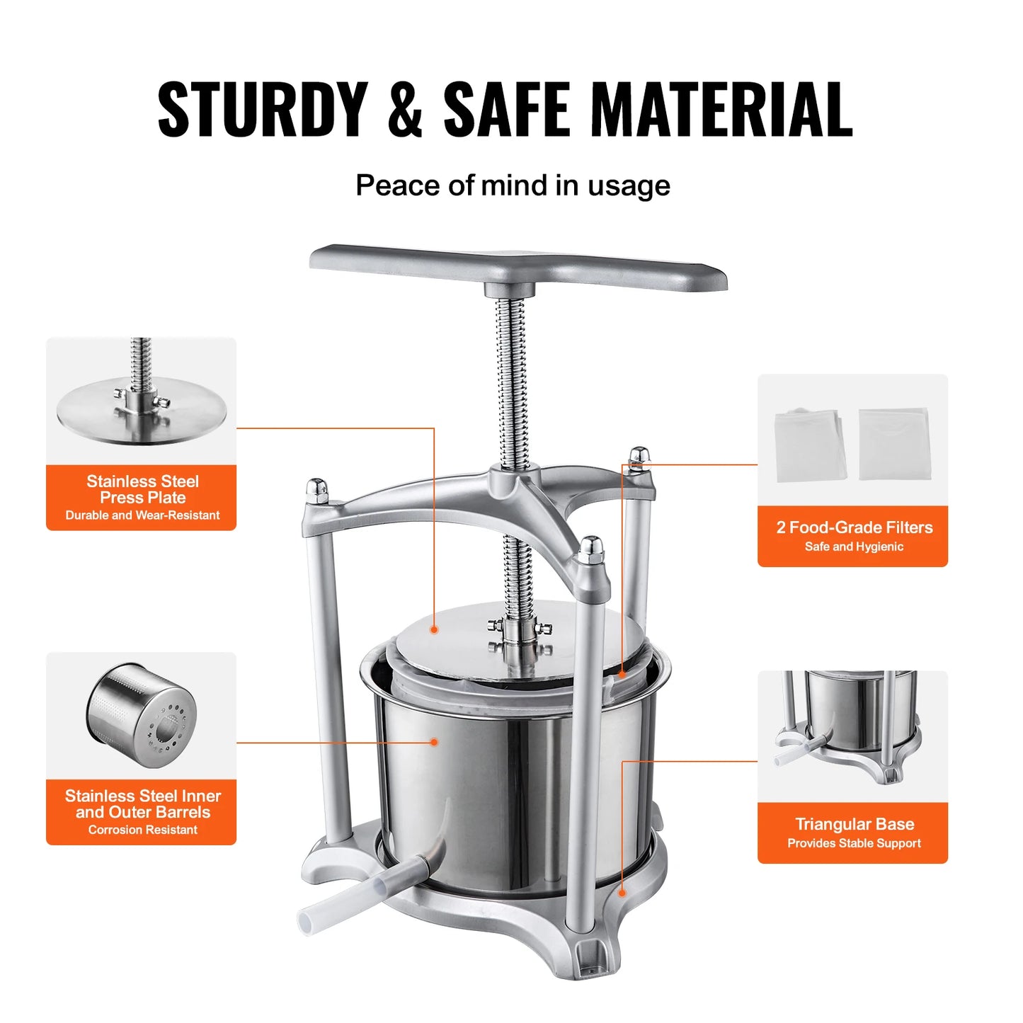 VEVOR 1.6 Gal/6L Manual Fruit Wine Press Maker Stainless Steel Household Nature Vegetables Juice Making Machine for Home Kitchen