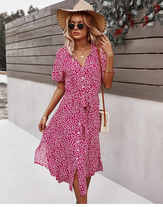Floral Print V-Neck Midi Dress