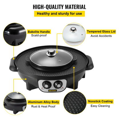 VEVOR 2 in 1 Electric Hot Pot BBQ Grill 2200W Multifunction Portable Home Non-Stick Split Pot Smokeless Skillet Barbecue Pan