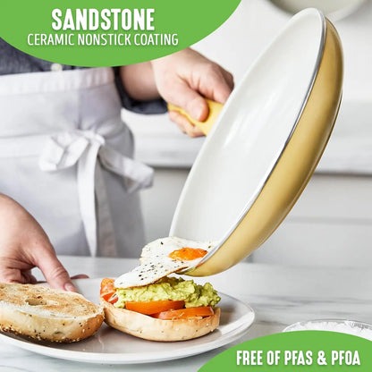 Sandstone Healthy Ceramic Nonstick, 15 Piece Kitchen Cookware Pots and Frying Sauce Pans Set, PFAS- Free, Dishwasher Safe