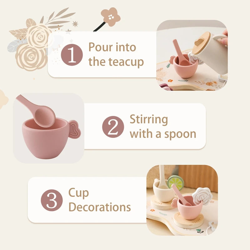 Baby Wooden Montessori Toys Silicone Cups Wooden Plate Trays Dessert Model Playing House Afternoon Tea Set Kids Puzzle Toys Gift