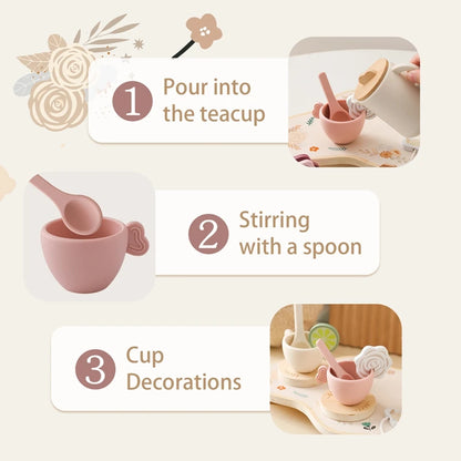 Baby Wooden Montessori Toys Silicone Cups Wooden Plate Trays Dessert Model Playing House Afternoon Tea Set Kids Puzzle Toys Gift