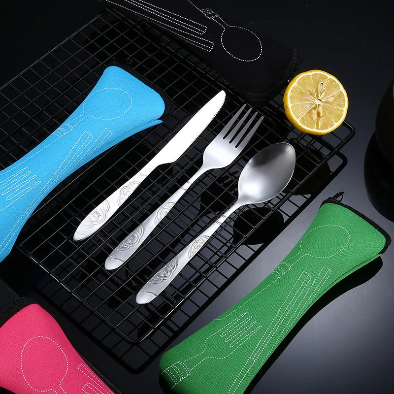 7Pcs/3Pcs Set Dinnerware Portable Printed Knifes Fork Spoon Stainless Steel Family Camping Steak Cutlery Tableware with Bag