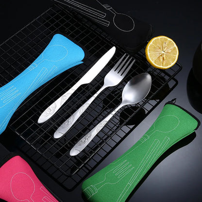 7Pcs/3Pcs Set Dinnerware Portable Printed Knifes Fork Spoon Stainless Steel Family Camping Steak Cutlery Tableware with Bag