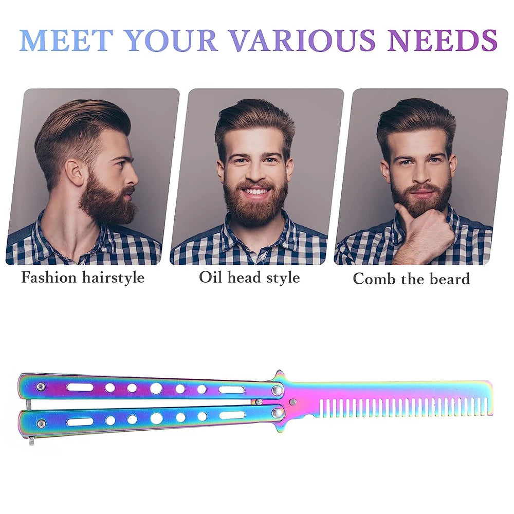 Stainless Steel Hair Comb Butterfly Foldable Comb Practice Beginner Training- Metal Comb Men Oil Hair Styling Accessories Tool