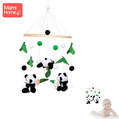 Baby Crib Bed Bell Musical Box Wooden Bed Bell Bracket Soft Felt Panda Ball Mobile Crib Infant Toys Kids Bedding Hanging Toys
