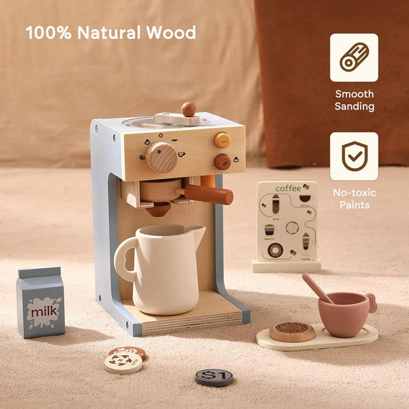 Kids Montessori Toys Wooden Kitchen Deluxe Coffee Maker Toys Children Cosplay Play House Educational Toys Baby Blocks Toys Gifts