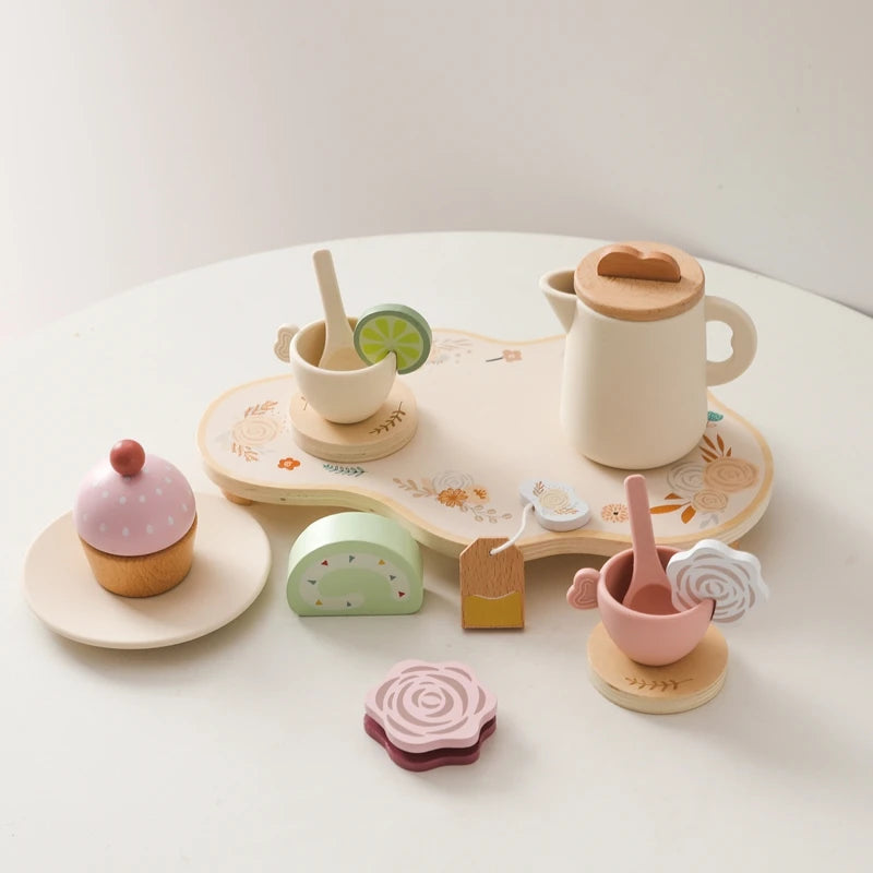 Kids Wooden Montessori Toys Afternoon Tea Toy Set Cake Tea Time Playset Toddler Pretend Play Game Kitchen Accessories Toys Gifts