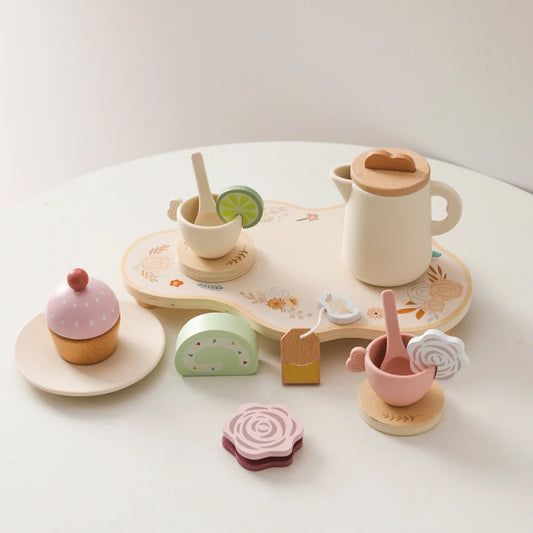 Kids Wooden Montessori Toys Afternoon Tea Toy Set Cake Tea Time Playset Toddler Pretend Play Game Kitchen Accessories Toys Gifts