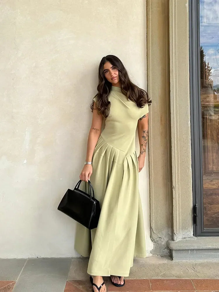 Diagonal Collar Pleated Summer Dress