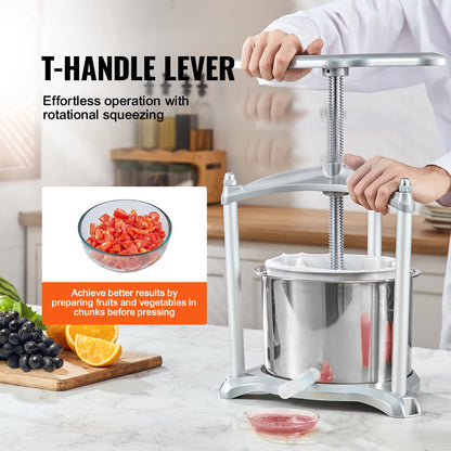 VEVOR 1.6 Gal/6L Manual Fruit Wine Press Maker Stainless Steel Household Nature Vegetables Juice Making Machine for Home Kitchen